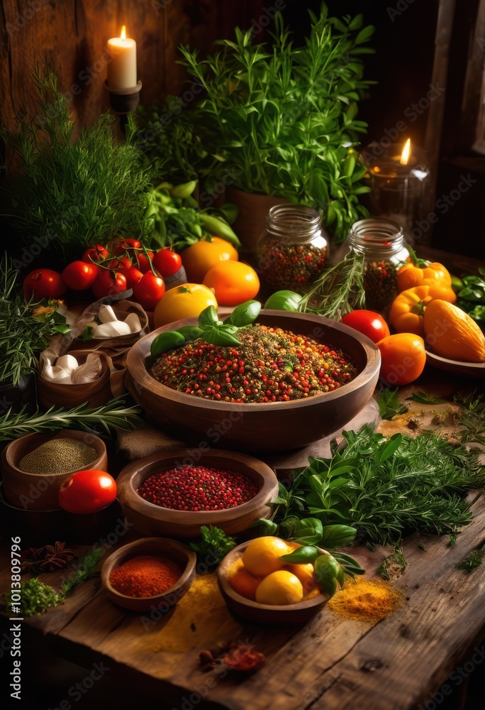 vibrant fresh ingredients beautifully arranged artistic culinary display magical cooking creations, asparagus, basil, bell, pepper, broccoli, cumin vibrant fresh ingredients beautifully arranged artistic culinary display magical cooking creations, asparagus, basil, bell, pepper, broccoli, cumin