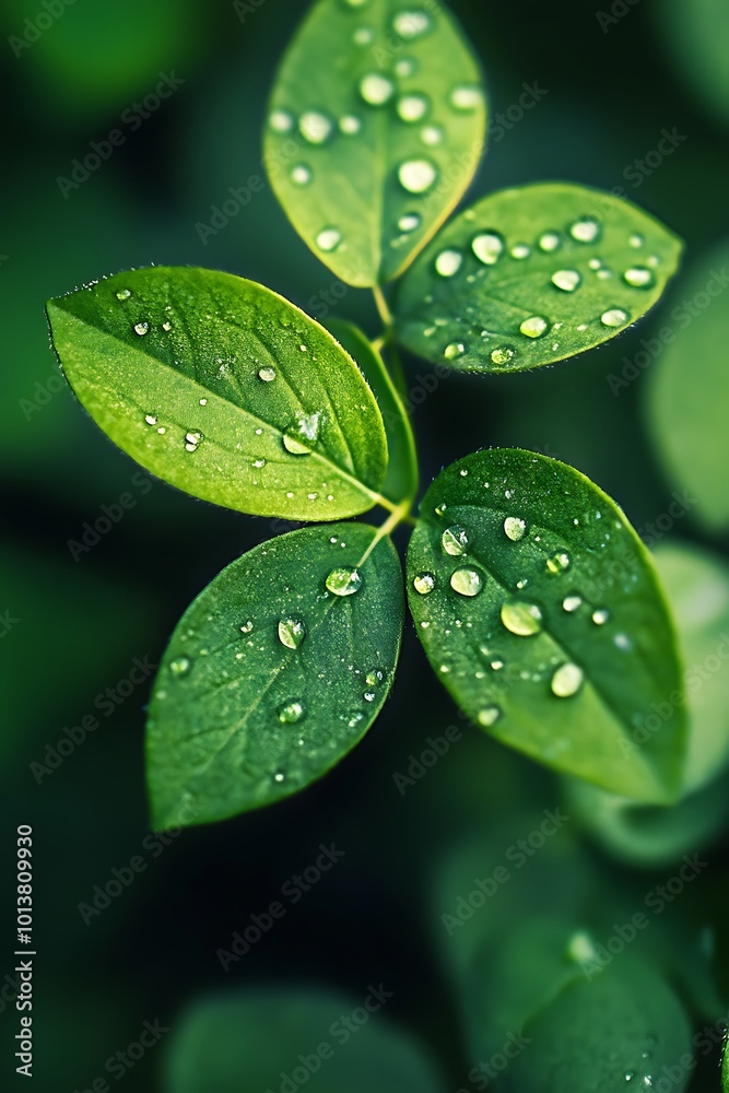 Close up of green leaves with dew drops after the rain, nature, water, fresh, vibrant, spring, morning Close up of green leaves with dew drops after the rain, nature, water, fresh, vibrant, spring, morning
