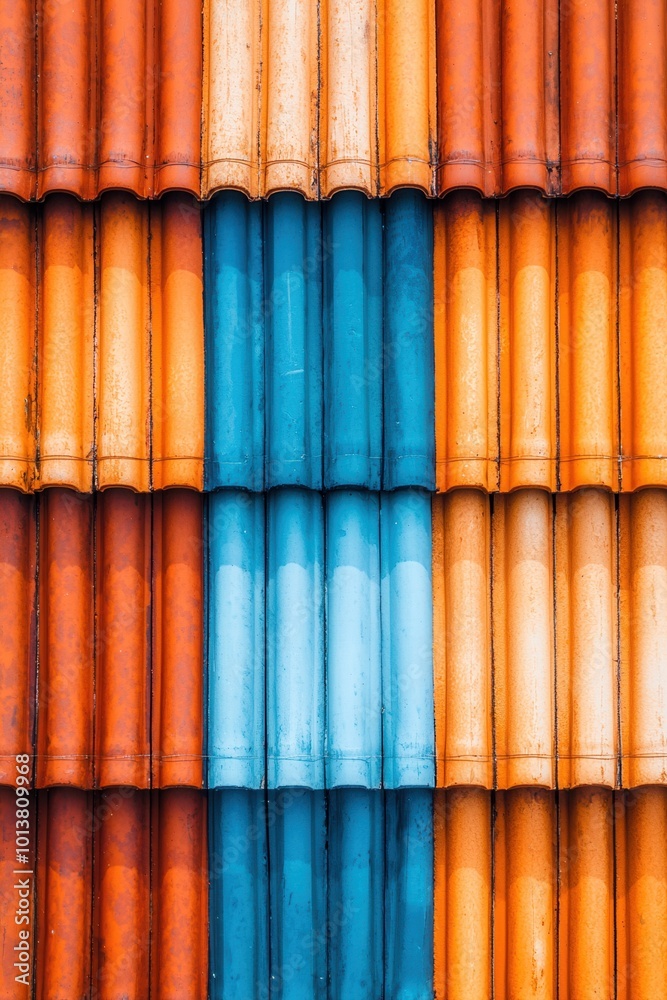 Colorful roof tiles in a modern pattern, vibrant orange and blue shades. Colorful roof tiles in a modern pattern, vibrant orange and blue shades.