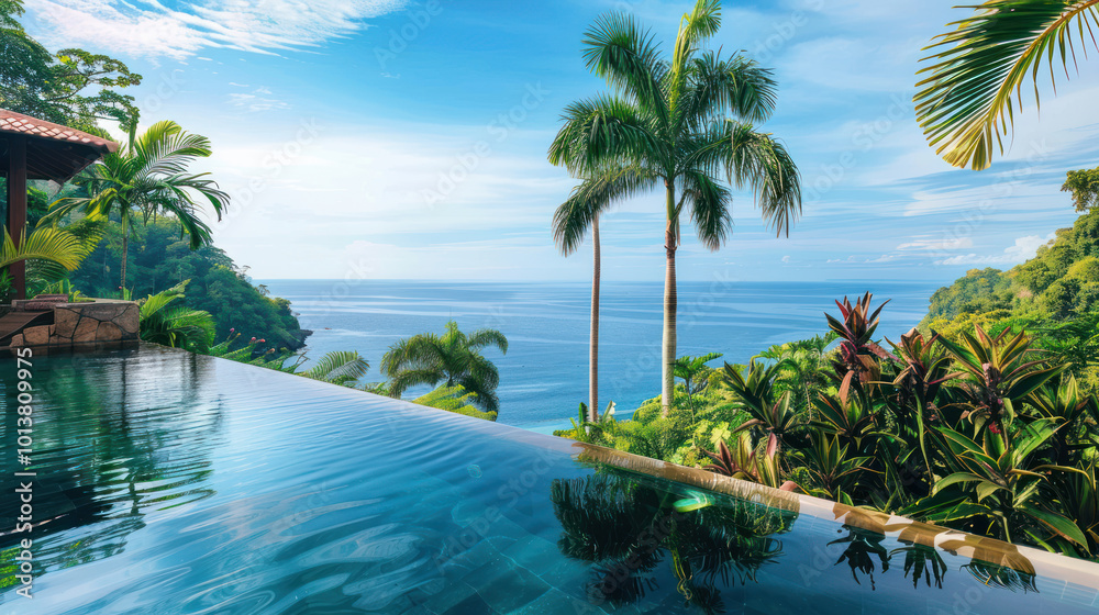 Fototapeta premium A luxury hotel landscape with infinity pools, palm trees, and lush tropical plants overlooking the ocean