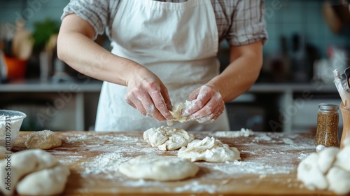 A person in a kitchen apron works with dough on a wooden table dusted with flour, capturing the traditional art of baking and hands-on culinary skills.