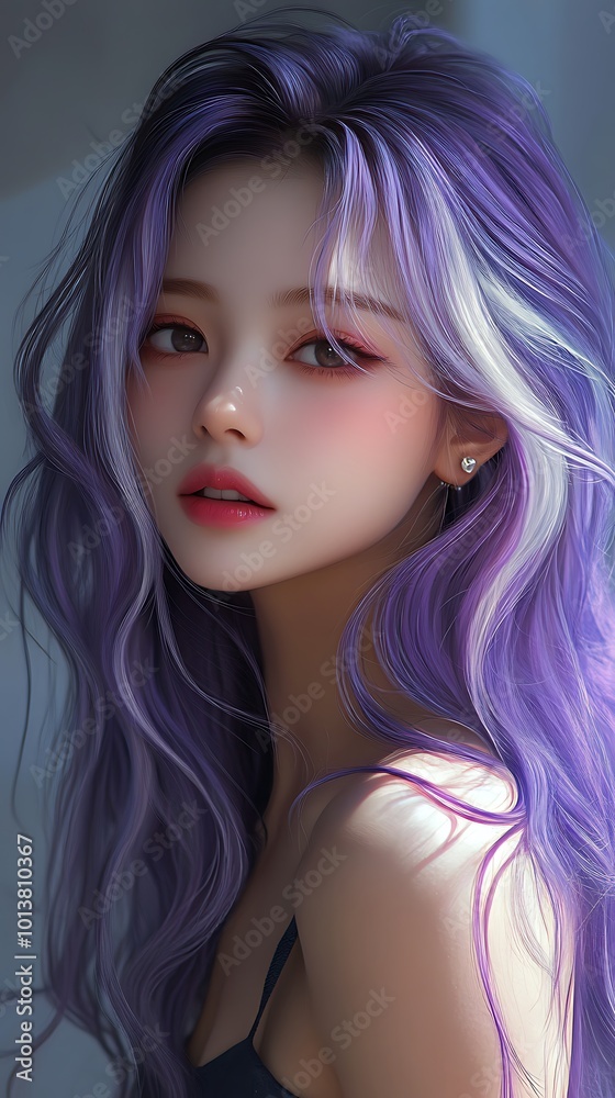 Vibrant image of Asian woman in anime style with two-tone ombre hair Vibrant image of Asian woman in anime style with two-tone ombre hair