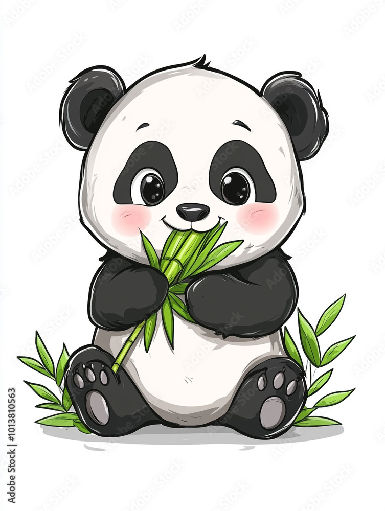 Fototapeta premium A cute panda is holding bamboo, in a simple style illustration with a flat design.