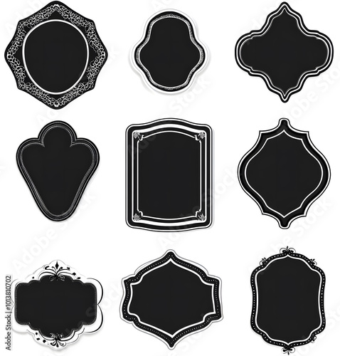 A collection of blank labels in various shapes and sizes, in a black-and-white vector illustration clipart set design