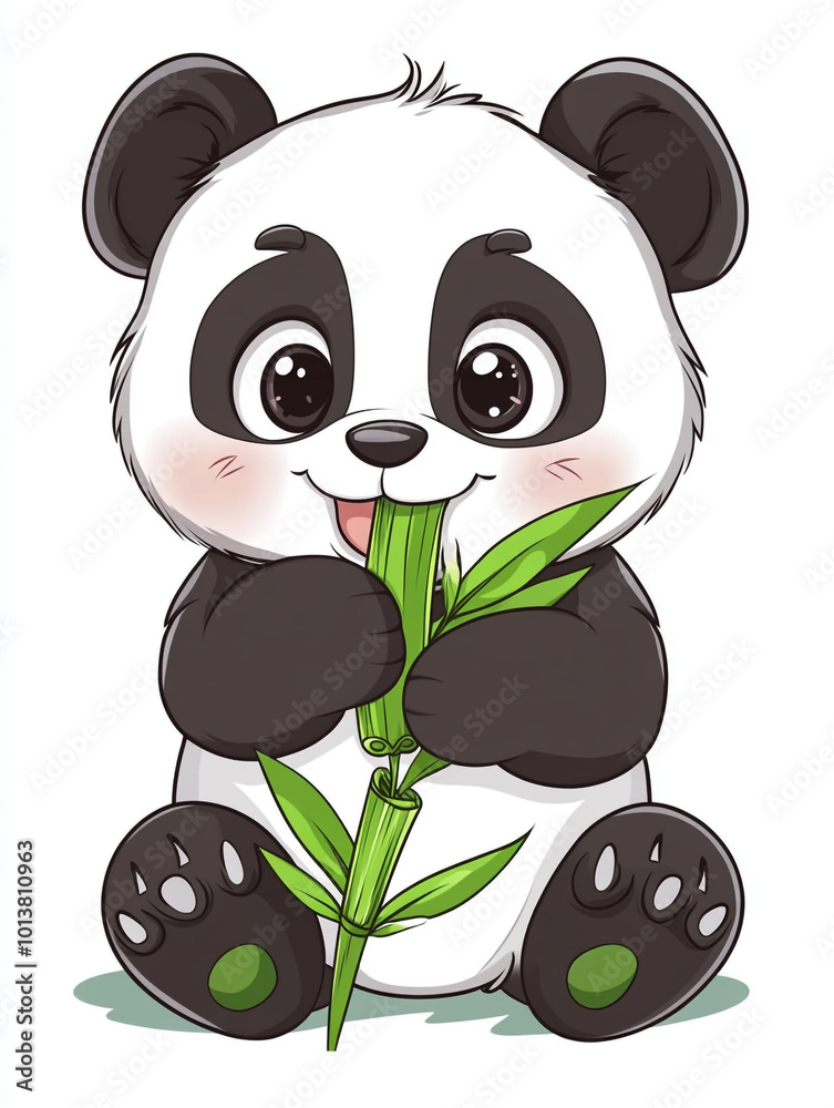 Fototapeta premium A cute panda is holding bamboo, in a simple style illustration with a flat design.