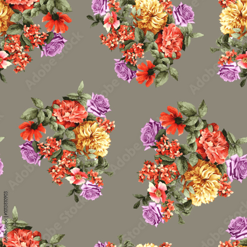 seamless digital watercolor flower pattern on background
