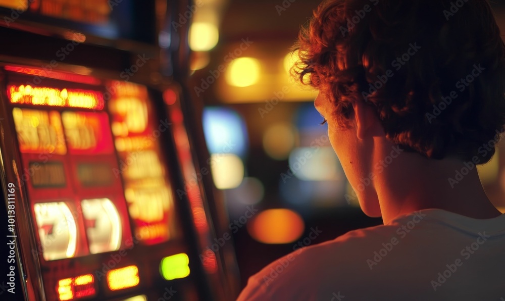 Naklejka premium Person playing a slot machine in casino.