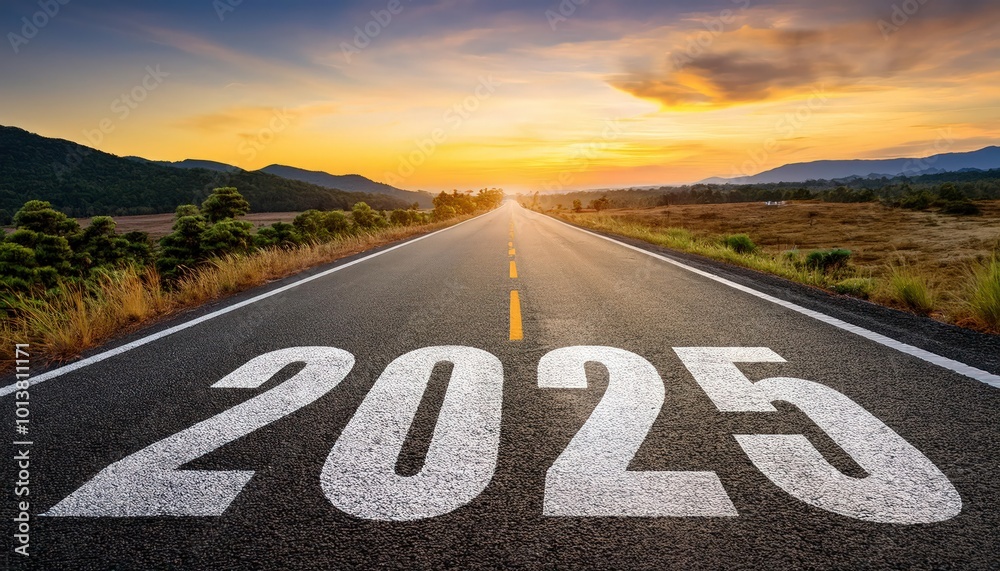 custom made wallpaper toronto digitalLong road stretching into the horizon with 2025 written on the asphalt at sunrise.