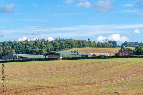 UK Farm, farm buildings and farmland after harvest