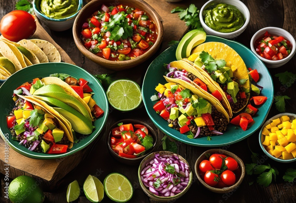 vibrant taco spread showcasing colorful salsa selections fresh ingredients eye catching presentation, appetizer, arrangement, basket, beef, bowl, browsing vibrant taco spread showcasing colorful salsa selections fresh ingredients eye catching presentation, appetizer, arrangement, basket, beef, bowl, browsing