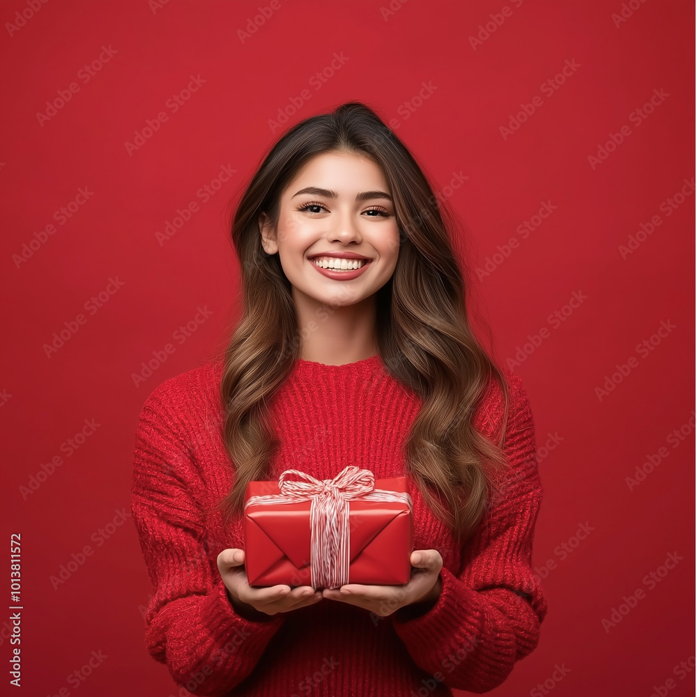 photograph of a smiling woman holding a Christmas gift set against a vibrant red color background photograph of a smiling woman holding a Christmas gift set against a vibrant red color background