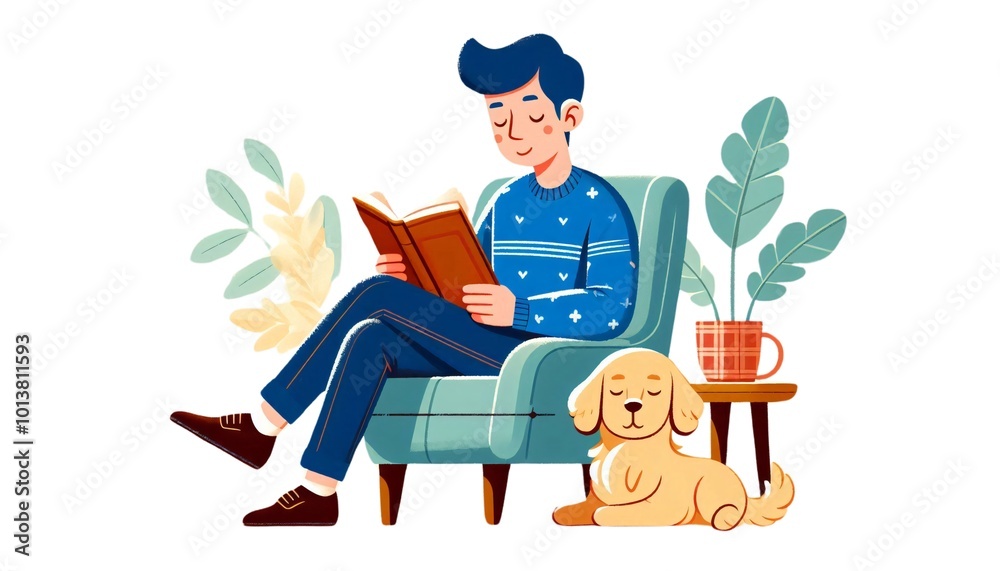 Cozy Reading in 3D Style: Man and Dog in Armchair. Generative AI Cozy Reading in 3D Style: Man and Dog in Armchair. Generative AI