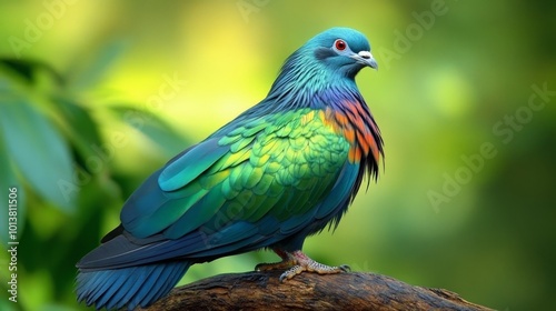 A vibrant green, blue, and red Nicobar Pigeon perched on a branch with a blurred green background.