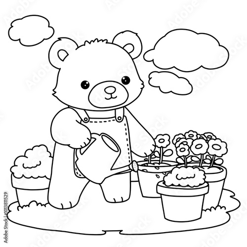 Bear is gardening coloring page