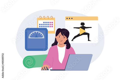 Education concept in modern flat design for web. Woman planning sport activities with calendar, exercising with yoga video lessons, training and doing workout for weight loss. Vector illustration.