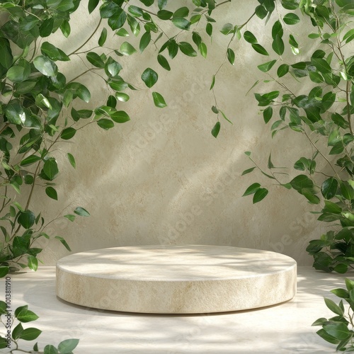 3D render of beige marble podium for product presentation with green leaves on the wall3d render of white marble podium and green leavesle background3d render of marble podium with green leaves on the photo