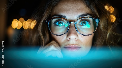 Evening setting with a woman in glasses maintaining eye contact with a glowing screen, representing focus and adaptability in the digital age.