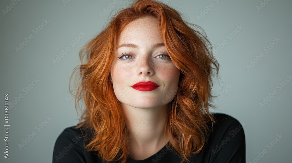 A woman with red hair and a gentle smile sits poised with a piercing gaze, her freckled skin highlighting natural beauty and charming presence in a serene portrait. A woman with red hair and a gentle smile sits poised with a piercing gaze, her freckled skin highlighting natural beauty and charming presence in a serene portrait.