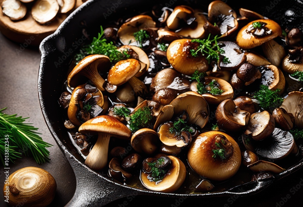 Fototapeta premium close mushrooms showcasing rich colors textures vibrant pan setting, panel, food, vegetable, cooking, ingredient, gourmet, chef, meal, dish, presentation