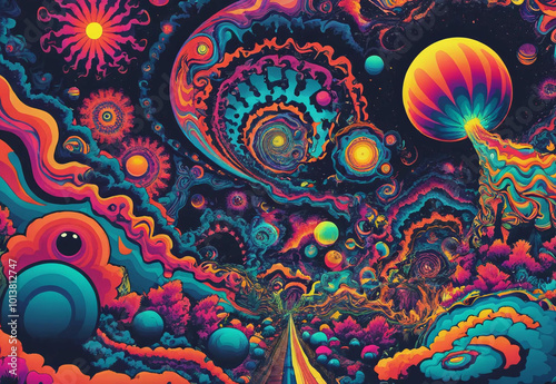 A vibrant psychedelic artwork featuring a swirling tunnel of bold, colorful abstract patterns with vivid orange, pink, blue, and purple hues.