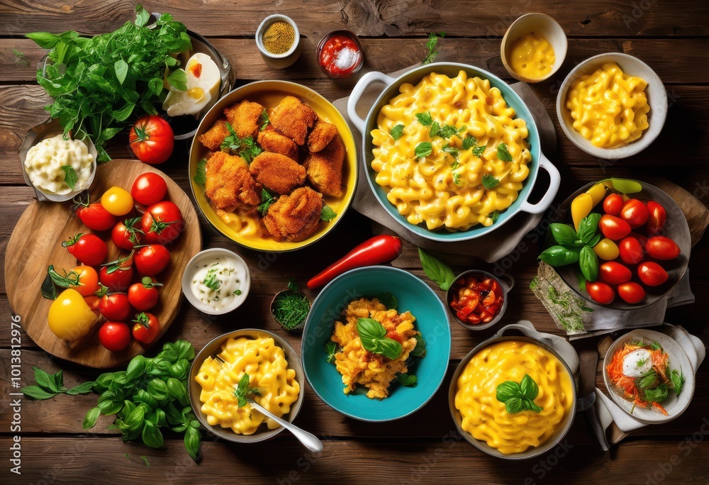vibrant flat lay display showcasing delicious comfort cuisine dishes neatly arranged fresh ingredients utensils, appetizing, arrangement, blue, bowl