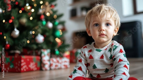 A young child dressed in festive pajamas with decorated trees sits near a beautifully adorned Christmas tree loaded with gifts, capturing the essence of holiday cheer. photo