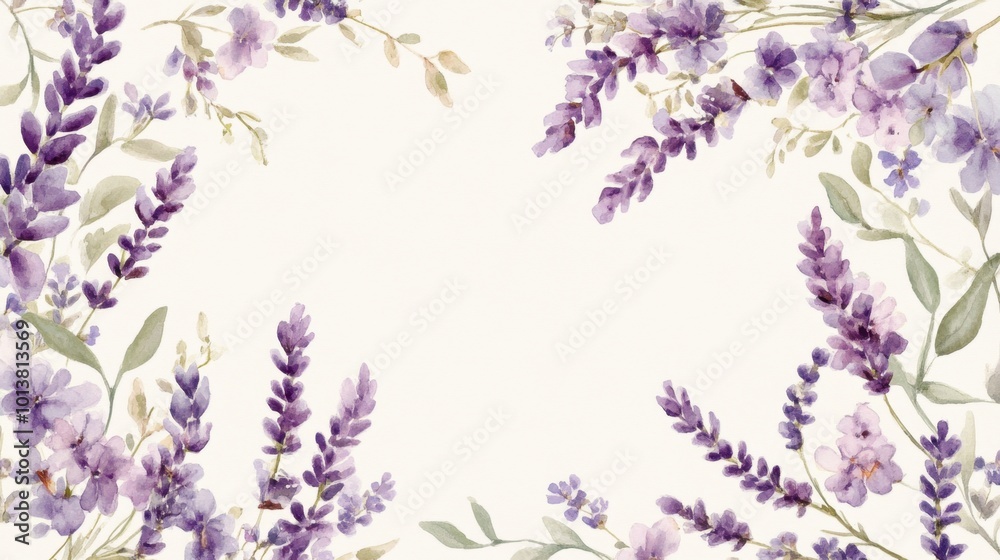 Elegant lavender and sage wreath in a minimalist square frame, watercolor style, delicate details with a soft color palette Elegant lavender and sage wreath in a minimalist square frame, watercolor style, delicate details with a soft color palette