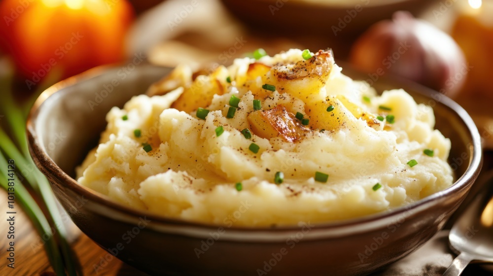 Mashed potatoes blended with roasted garlic, butter, and cream, served with a sprinkle of chives. Mashed potatoes blended with roasted garlic, butter, and cream, served with a sprinkle of chives.