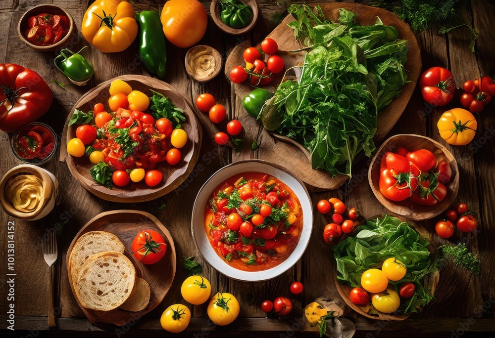 vibrant food spread rustic wooden table showcasing colorful dishes fresh ingredients attractive presentation, appetizers, catering, cheese, gourmet, salads