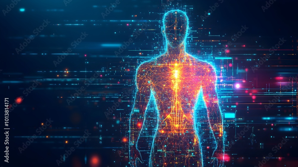 Digital Art Composition Showcasing a Futuristic Human Torso with Glowing Wireframe and Holographic Effects Digital Art Composition Showcasing a Futuristic Human Torso with Glowing Wireframe and Holographic Effects