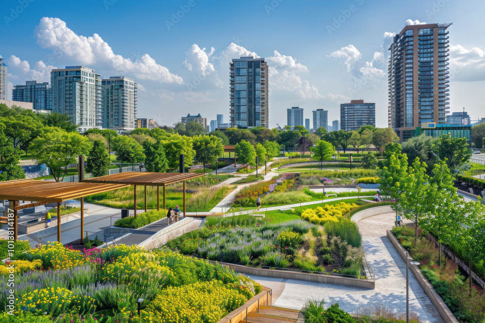A mixed-use landscape in a growing urban area, providing recreational spaces, green roofs, and eco-friendly solutions A mixed-use landscape in a growing urban area, providing recreational spaces, green roofs, and eco-friendly solutions