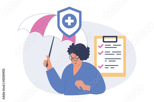 Insurance concept in modern flat design for web. Woman with umbrella using healthcare protection document and medicine support service for saving health and life in accident. Vector illustration.