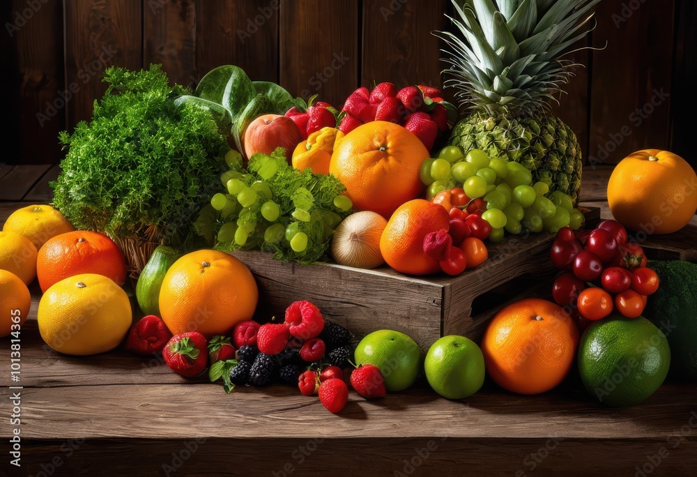 colorful fresh arrangement various fruits vegetables displayed rustic wooden table surface, organic, greens, peppers, tomatoes, carrots, apples, bananas colorful fresh arrangement various fruits vegetables displayed rustic wooden table surface, organic, greens, peppers, tomatoes, carrots, apples, bananas