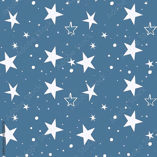 Hand-painted maroon stars with delicate white dots on a blue background, creating a seamless pattern influenced by cozy folk art. photo