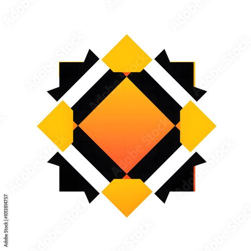 Vector logo with yellow and orange colors design, a square shape in the center of the vector, flat design, with small black dots on the top, left, right, and bottom, simple shapes, design photo