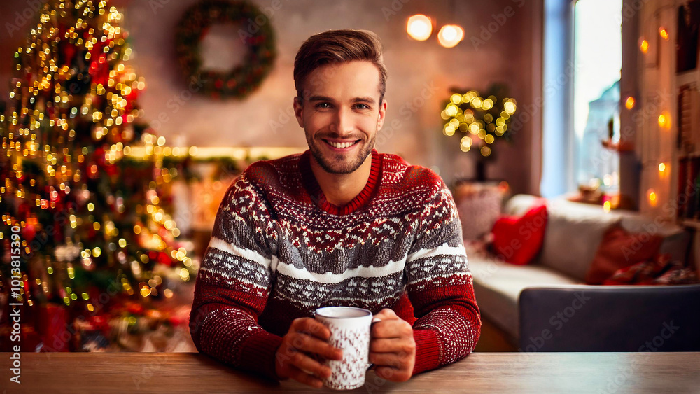 A man in a sweater with a cup of cocoa sits at a table against the background of a Christmas tree and garlands.