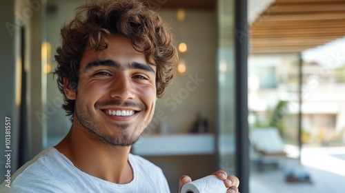 Young Father Smiling in Bathroom Holding Toilet Paper