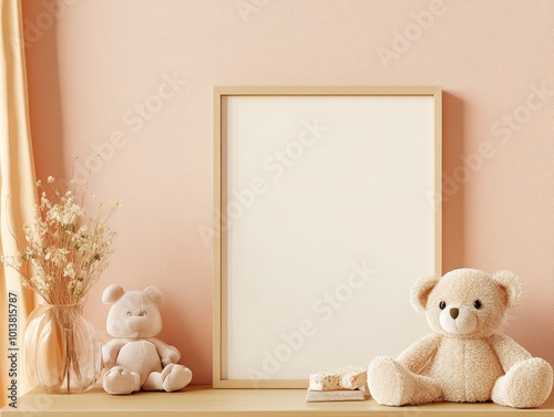 A soft pastel nursery scene with a blank framed poster, plush teddy bears, and a gentle welcoming ambiance.