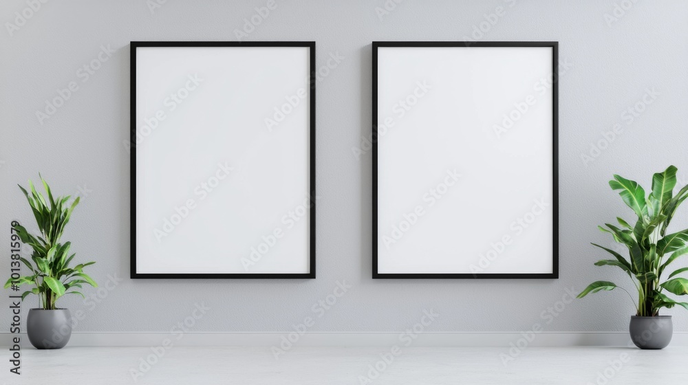 Stylish Gray Room with Empty Frames and Green Plants Stylish Gray Room with Empty Frames and Green Plants