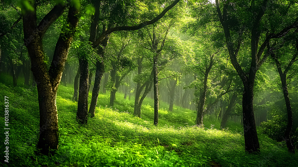 Obraz premium Lush green forest with numerous trees