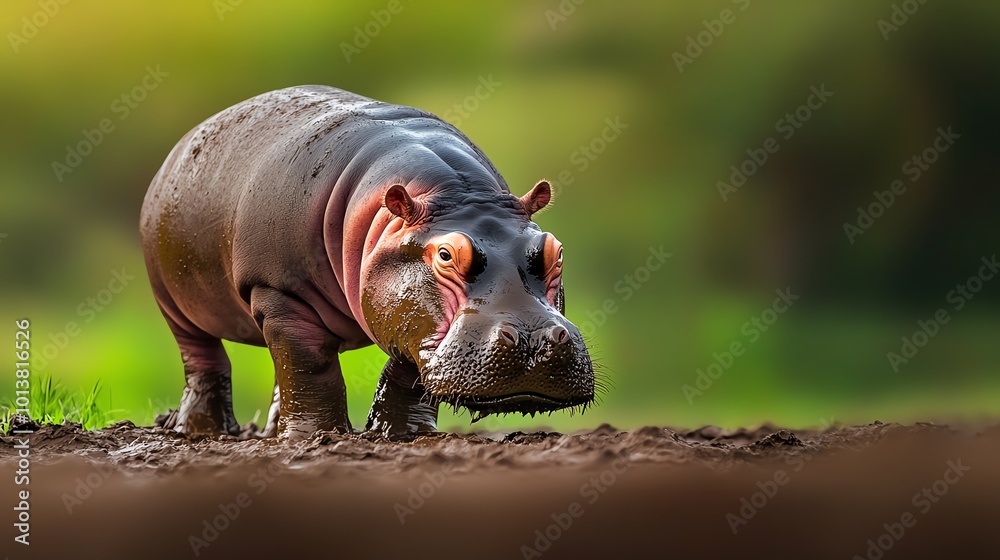 A close-up of a hippo walking on land, showcasing its large size and distinctive features against a blurred green background. A close-up of a hippo walking on land, showcasing its large size and distinctive features against a blurred green background.