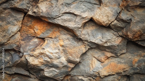 Close-up of a rough, textured rock face with shades of brown, grey, and orange.