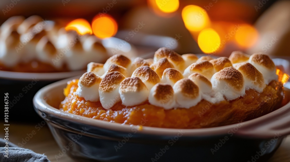 Sweet potatoes cooked with brown sugar and butter, topped with marshmallows and baked until golden Sweet potatoes cooked with brown sugar and butter, topped with marshmallows and baked until golden