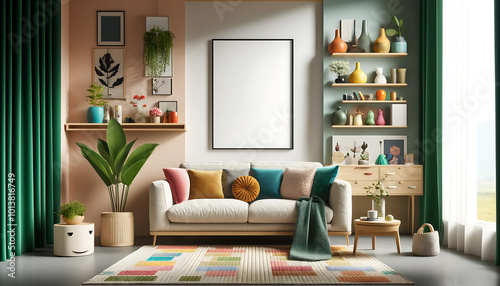 A vibrant and contemporary living room featuring a stylish boucle sofa, framed artwork, floating shelves, lush greenery, decorative accents, and personal touches. 