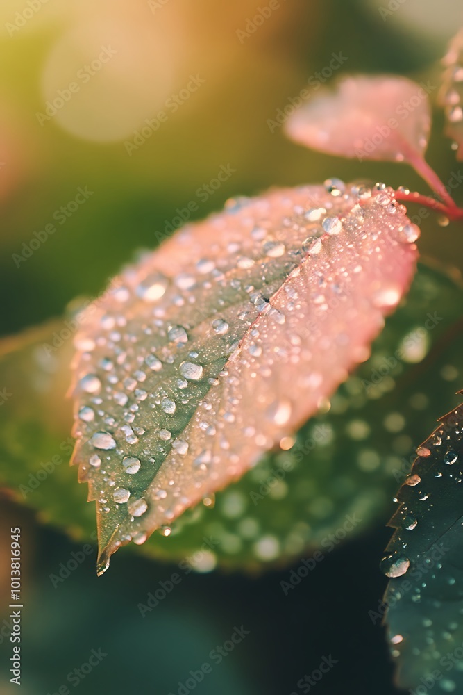 Dew Drops on Pink Leaf Closeup Photography, Nature Texture Background Dew Drops on Pink Leaf Closeup Photography, Nature Texture Background