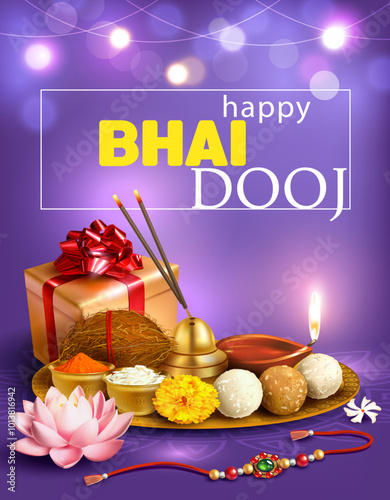 Greeting card with puja thali (tray), sweets (laddu) and gift for Bhai Dooj (Yama Dwitiya) – Indian festival of brothers and sisters (Diwali season). Vector.
