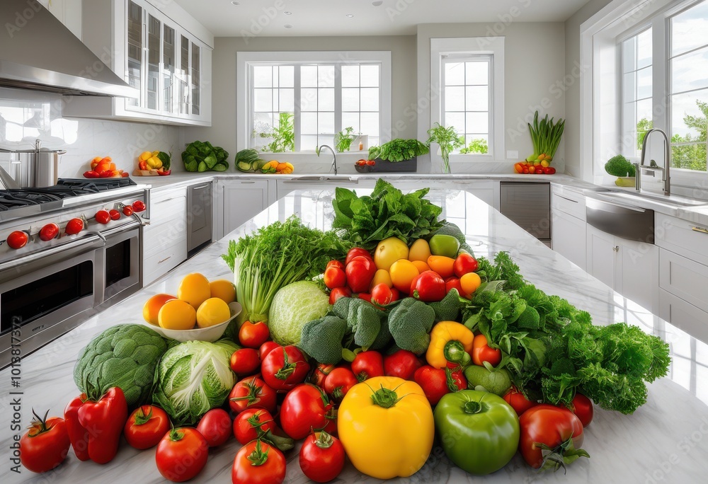 colorful array fresh fruits vegetables displayed pristine kitchen filled natural light modern appliances, clean, vibrant, organic, herbs, ingredients colorful array fresh fruits vegetables displayed pristine kitchen filled natural light modern appliances, clean, vibrant, organic, herbs, ingredients
