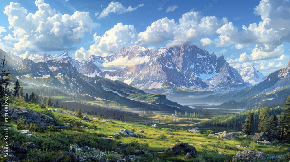 Fototapeta premium A panoramic view of an underexplored mountain region, with unspoiled natural beauty and no signs of development