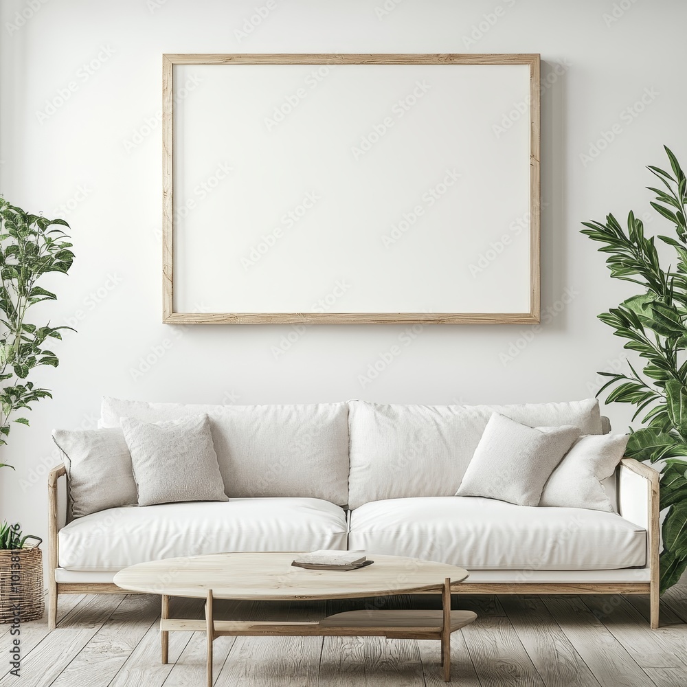 A stylish modern living room with a large empty frame, a plush white sofa, cozy cushions, and decorative leafy plants.