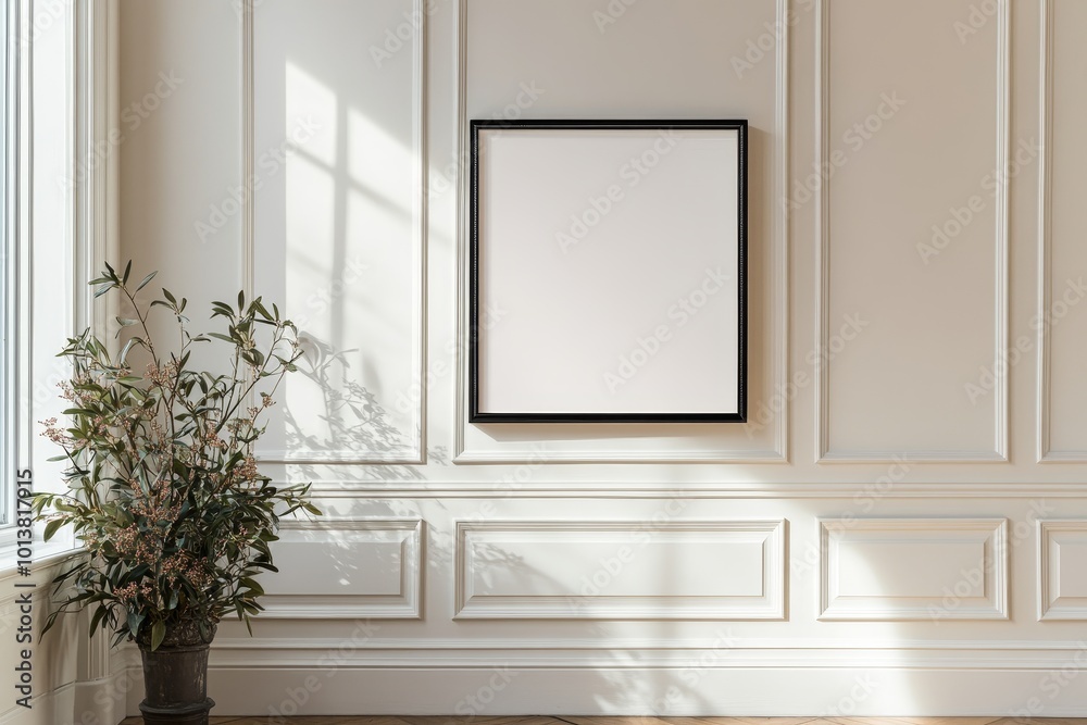 Sophisticated empty frame on classic paneling, casting soft shadows from sunlight filtering through a window. Sophisticated empty frame on classic paneling, casting soft shadows from sunlight filtering through a window.